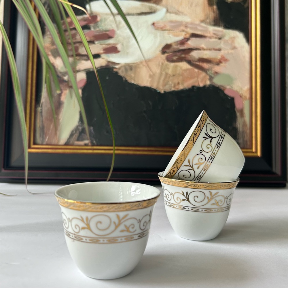 🌴3 Gold Rimmed Expresso Cups, Mirra Cups, Turkish Cusp, Italian Espresso Cups